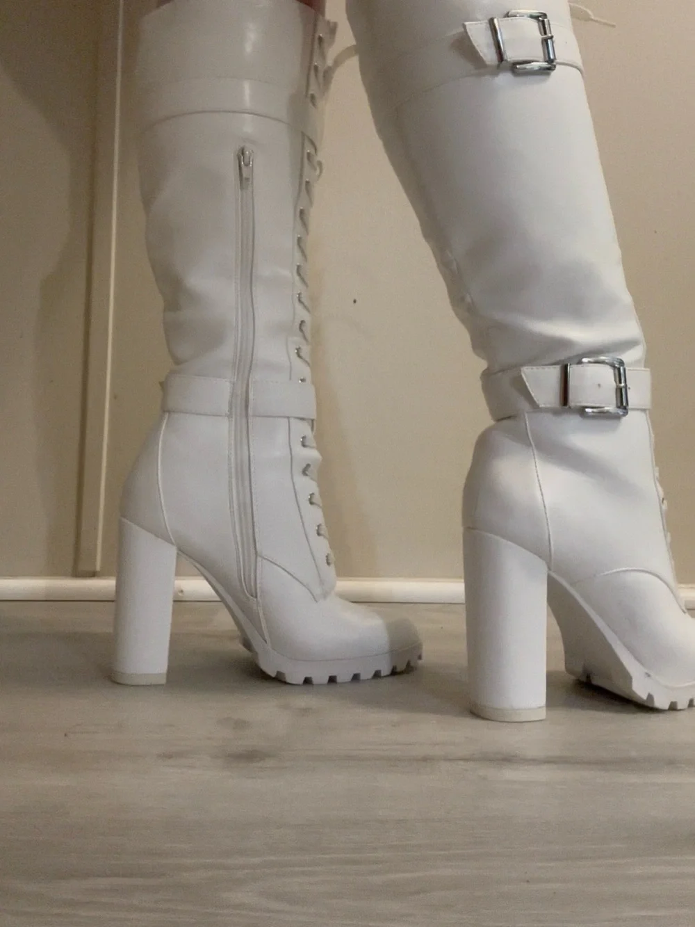 White Lace-Up Knee High Block Heel Boots - Women's
